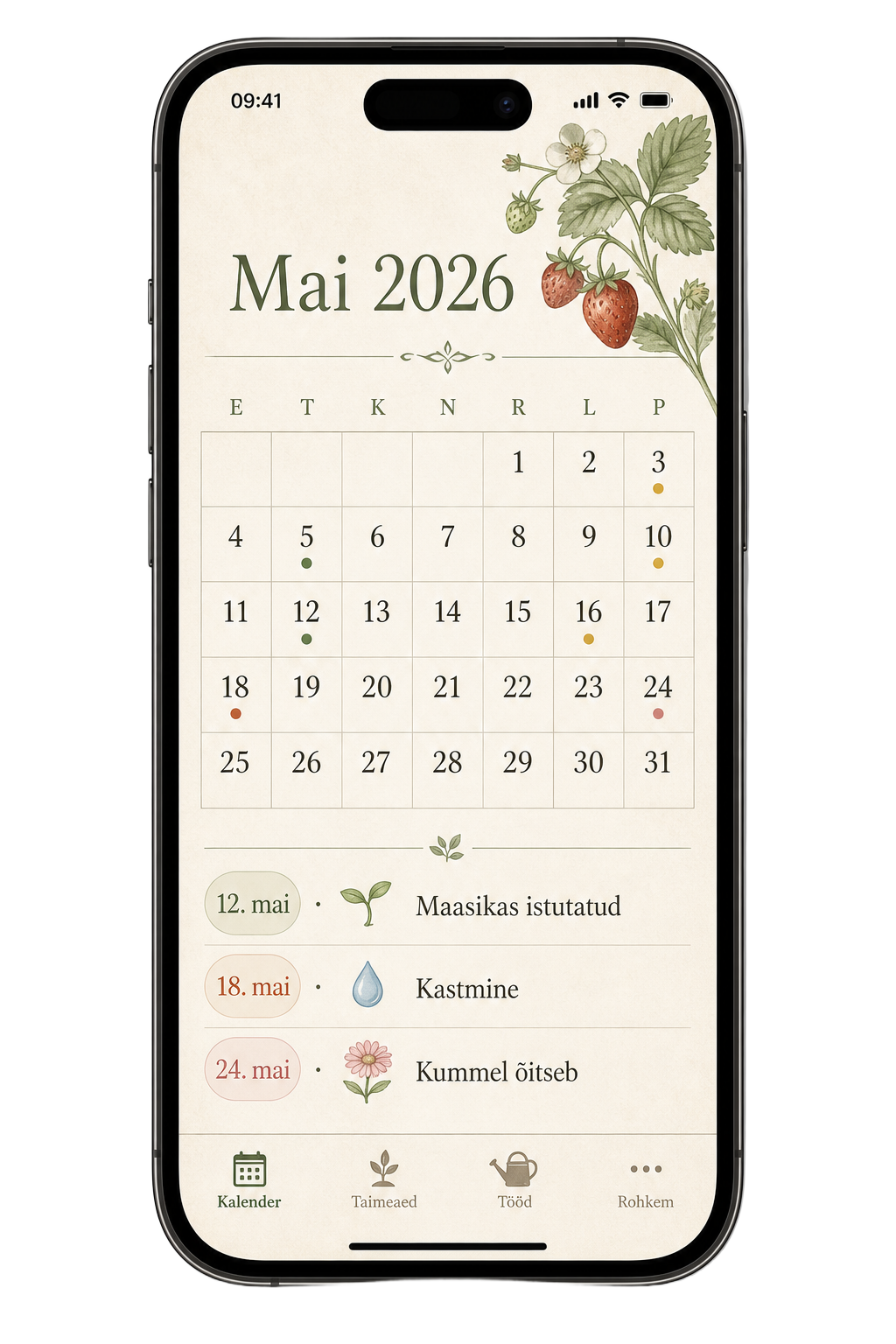 Taimik äpi vaade: aiakalender mai 2026 sündmustega