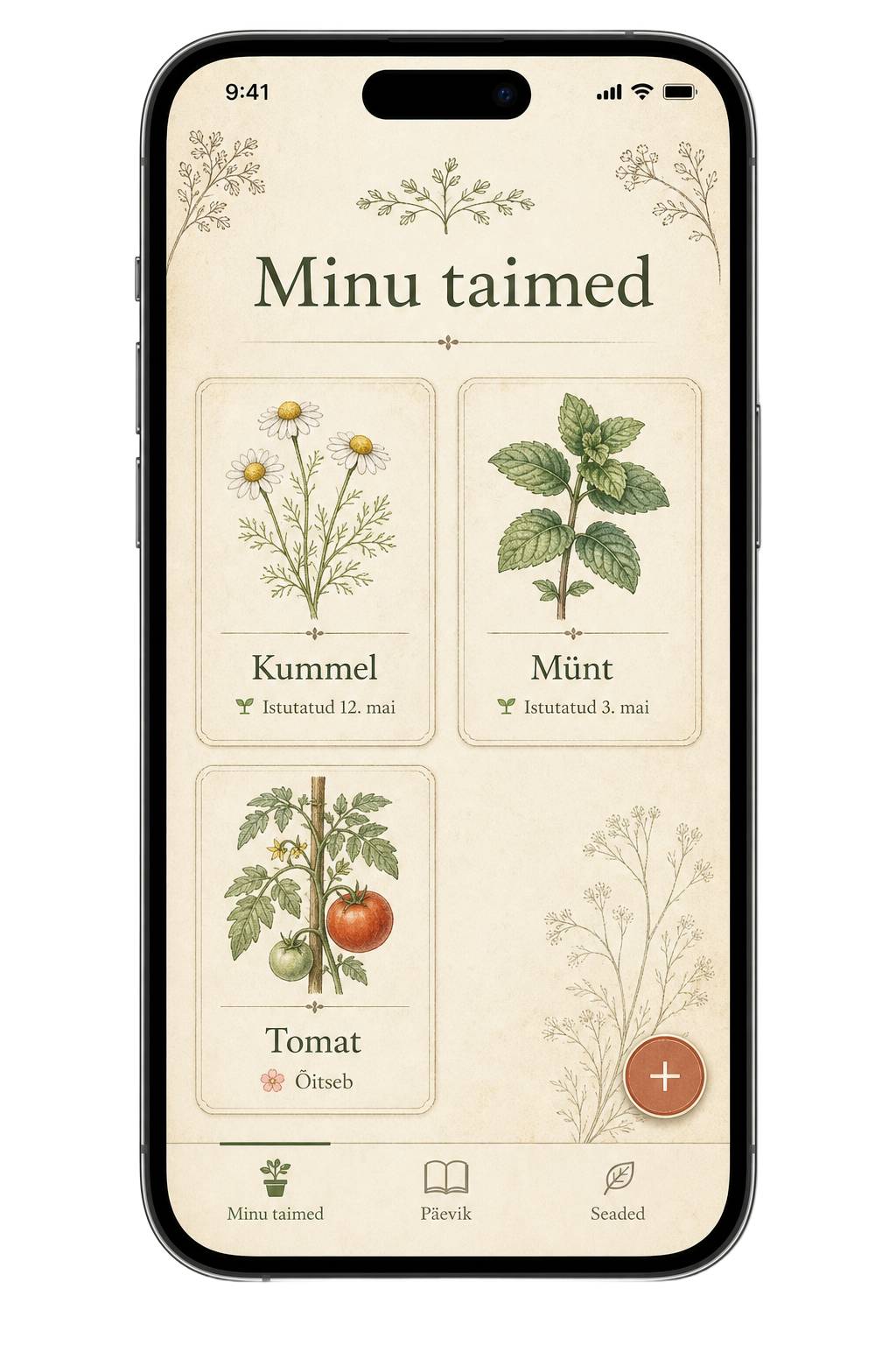Taimik äpi vaade: minu taimede ruudustik koos illustratsioonidega